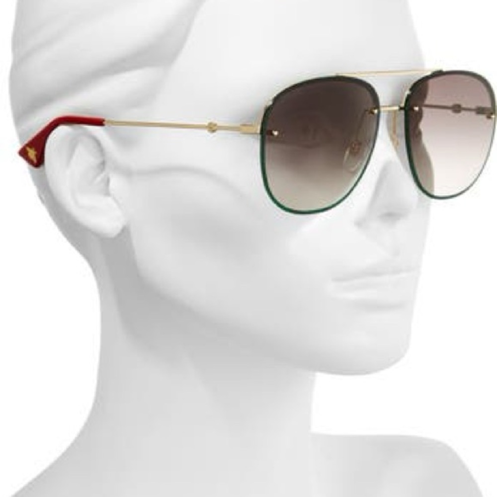 Gucci Gold Aviator Sunglasses with Brown Gradient Lenses and Red Temples